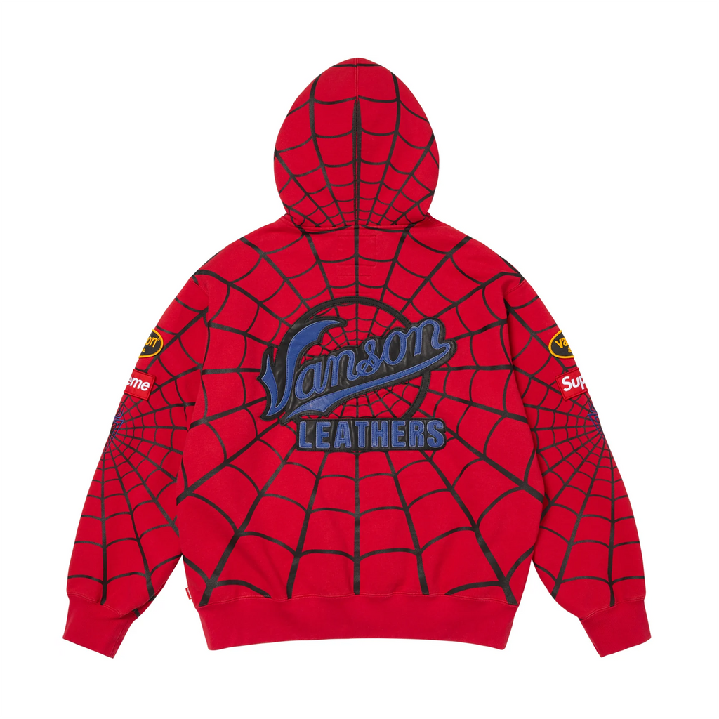 Supreme Vanson Leathers Spider-Man Zip Up Hooded Sweatshirt Red